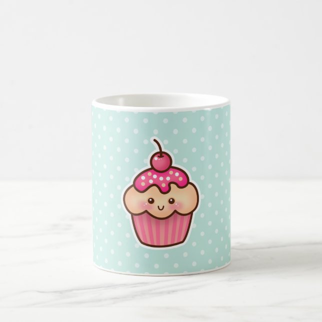 Kawaii Pink Cupcake and Cute Mint Blue Polka Dots Coffee Mug (Center)