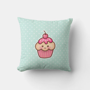 Kawaii Pink Cupcake and Cute Mint Blue Polka Dots Cushion