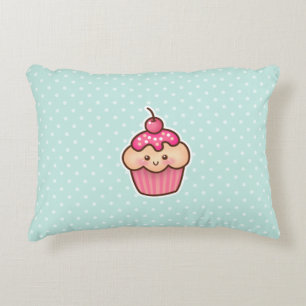 Kawaii Pink Cupcake and Cute Mint Blue Polka Dots Decorative Cushion