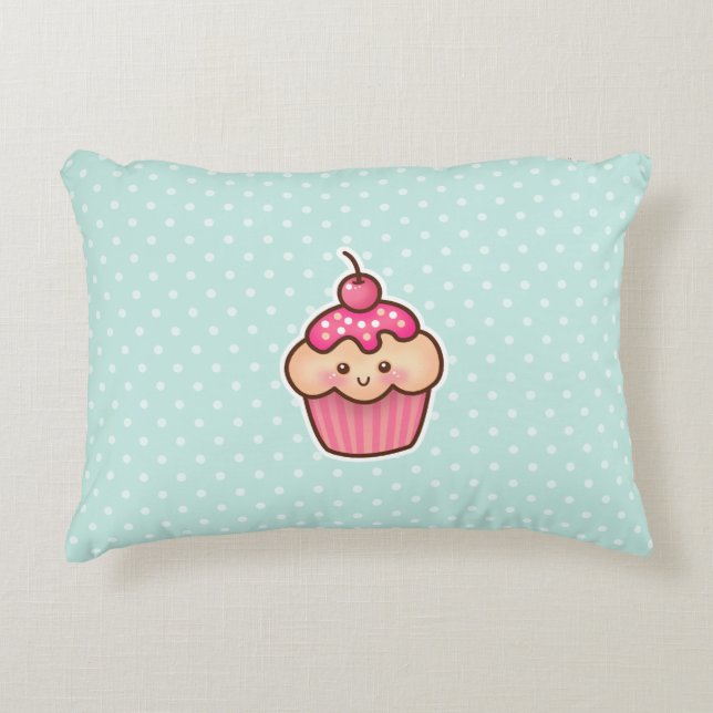 Kawaii Pink Cupcake and Cute Mint Blue Polka Dots Decorative Cushion (Front)