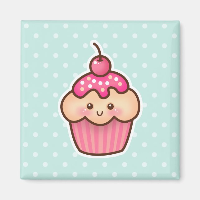 Kawaii Pink Cupcake and Cute Mint Blue Polka Dots Magnet (Front)