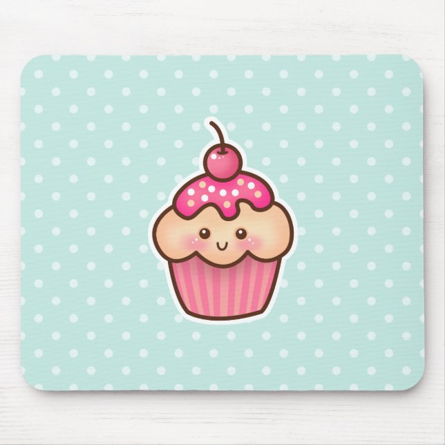 Kawaii Pink Cupcake and Cute Mint Blue Polka Dots Mouse Mat (Front)