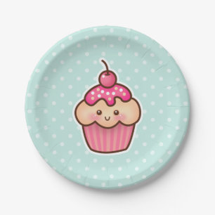 Kawaii Pink Cupcake and Cute Mint Blue Polka Dots Paper Plate