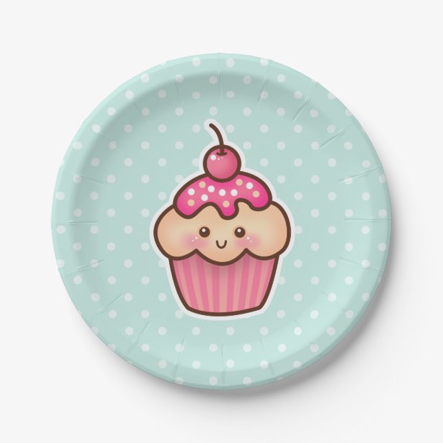 Kawaii Pink Cupcake and Cute Mint Blue Polka Dots Paper Plate (Front)