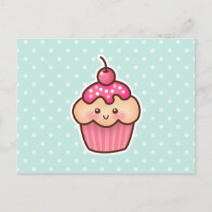 Kawaii Pink Cupcake and Cute Mint Blue Polka Dots Postcard