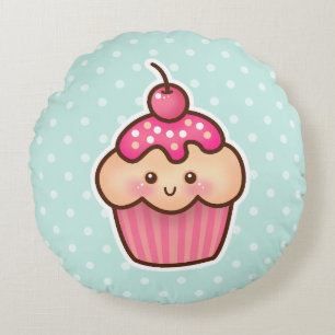 Kawaii Pink Cupcake and Cute Mint Blue Polka Dots Round Cushion
