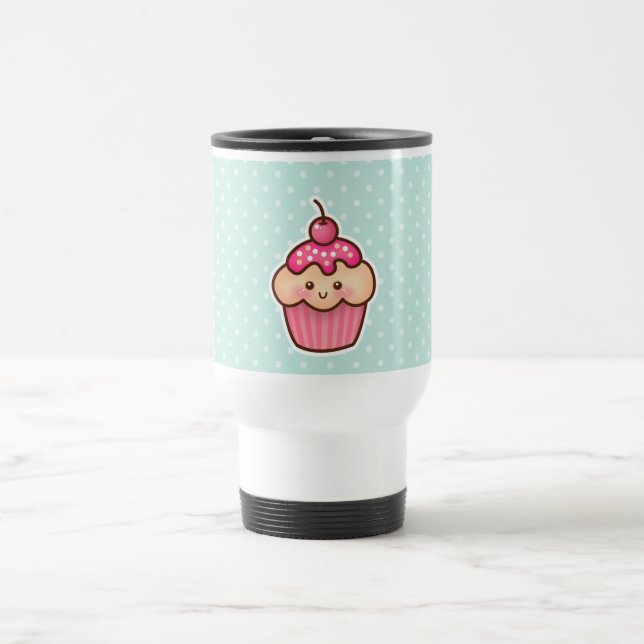 Kawaii Pink Cupcake and Cute Mint Blue Polka Dots Travel Mug (Center)