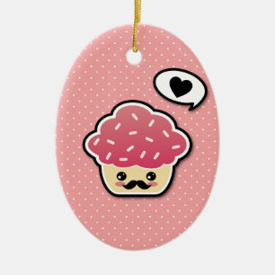 Kawaii Pink Cupcake with a Moustache Ceramic Tree Decoration