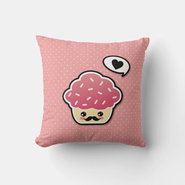 Kawaii Pink Cupcake with a Moustache Cushion (Front)