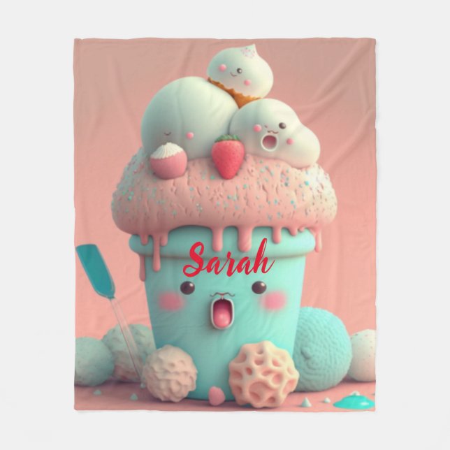 Kawaii pink cute ice cream cup door sign fleece blanket (Front)