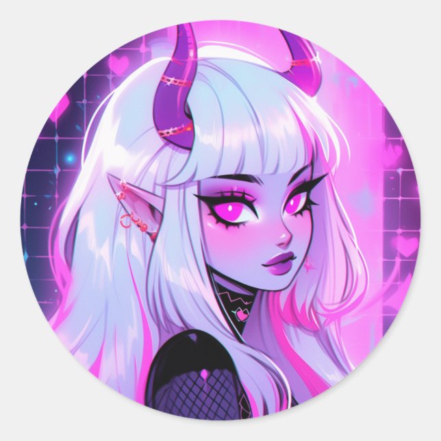 Kawaii Pink Demon Girl Classic Round Sticker (Front)