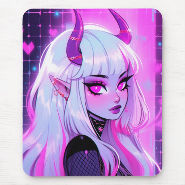 Kawaii Pink Demon Girl Mouse Mat (Front)