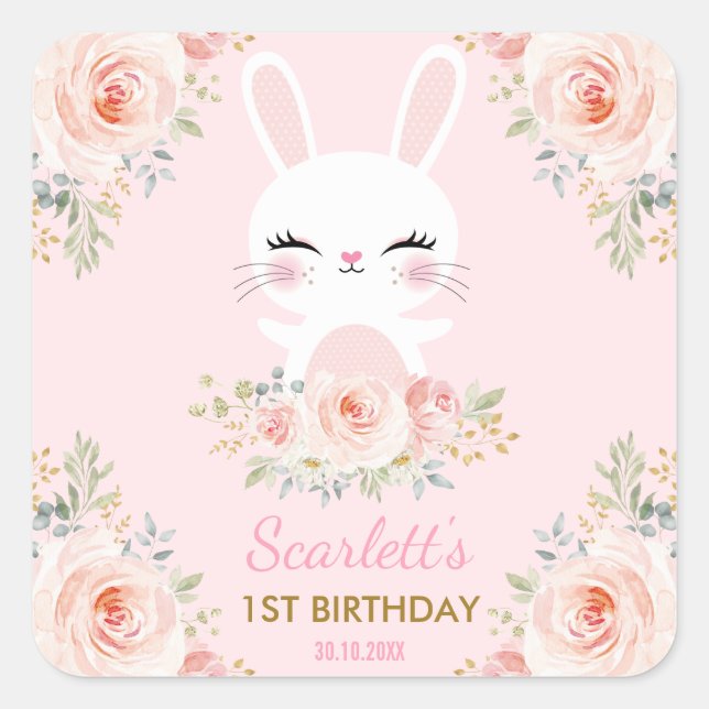Kawaii Pink Gold Bunny Birthday Party Favours Square Sticker (Front)