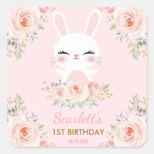 Kawaii Pink Gold Bunny Birthday Party Favours Square Sticker