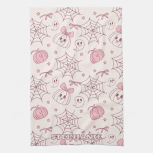 Kawaii Pink Halloween Ghosts & Pumpkin (2) Tea Towel