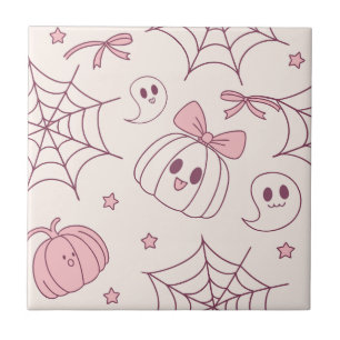 Kawaii Pink Halloween Ghosts & Pumpkin (2) Tile