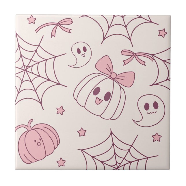 Kawaii Pink Halloween Ghosts & Pumpkin (2) Tile (Front)