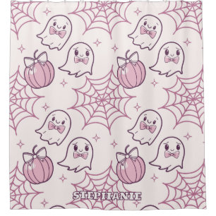 Kawaii Pink Halloween Ghosts & Pumpkin Shower Curtain