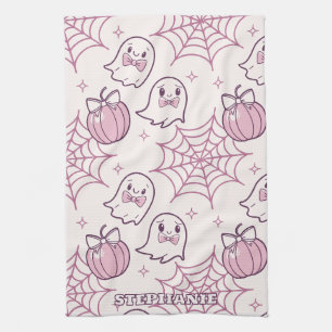 Kawaii Pink Halloween Ghosts & Pumpkin Tea Towel
