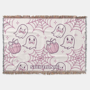 Kawaii Pink Halloween Ghosts & Pumpkin Throw Blanket