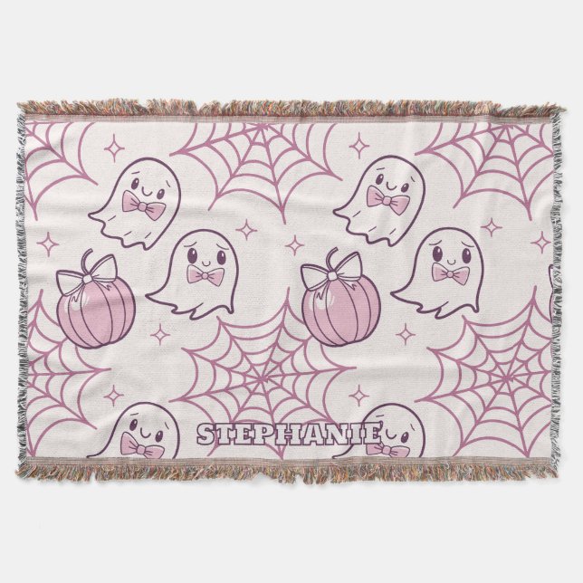 Kawaii Pink Halloween Ghosts & Pumpkin Throw Blanket (Front)