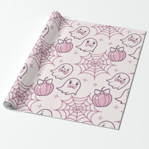 Kawaii Pink Halloween Ghosts & Pumpkin Wrapping Paper