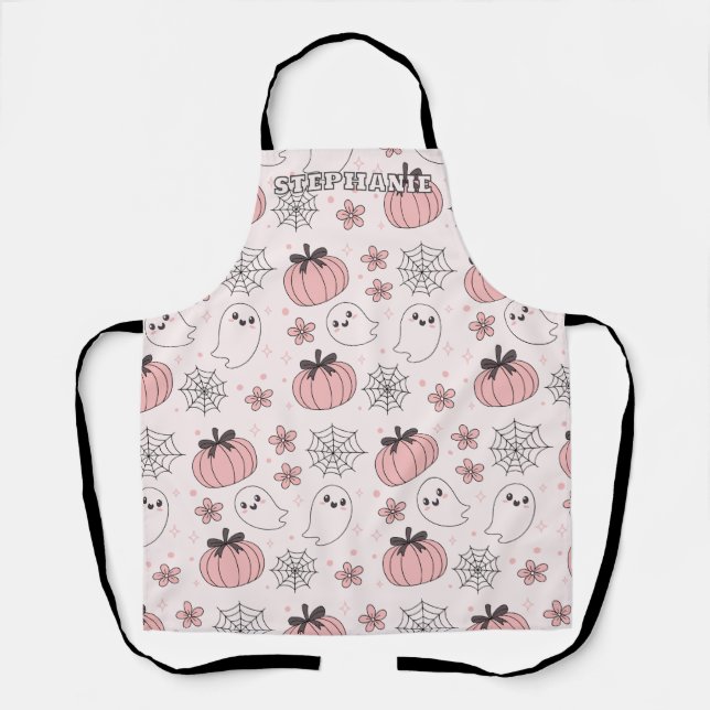 Kawaii Pink Halloween Ghosts & Pumpkins Apron (Front)