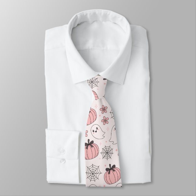 Kawaii Pink Halloween Ghosts & Pumpkins Tie (Tied)