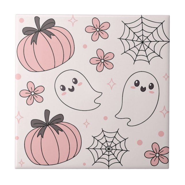 Kawaii Pink Halloween Ghosts & Pumpkins Tile (Front)