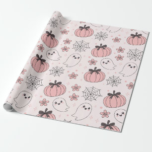 Kawaii Pink Halloween Ghosts & Pumpkins Wrapping Paper
