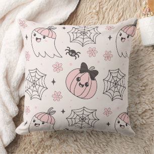 Kawaii Pink Halloween Pattern with Ghost, Pumpkin Cushion