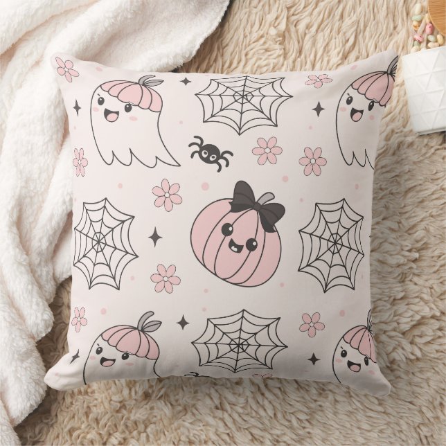 Kawaii Pink Halloween Pattern with Ghost, Pumpkin  Cushion (Blanket)