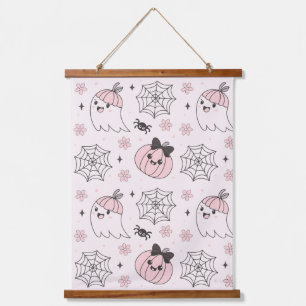 Kawaii Pink Halloween Pattern with Ghost, Pumpkin Hanging Tapestry