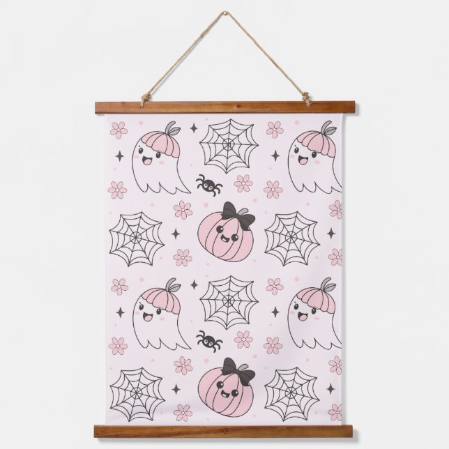 Kawaii Pink Halloween Pattern with Ghost, Pumpkin  Hanging Tapestry (Front)
