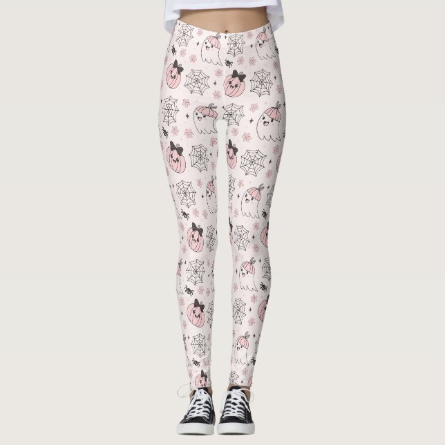 Kawaii Pink Halloween Pattern with Ghost, Pumpkin  Leggings (Front)