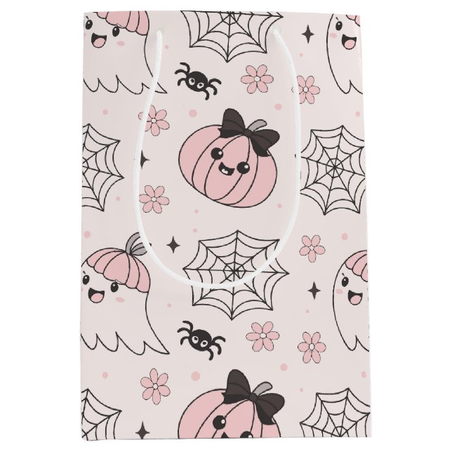 Kawaii Pink Halloween Pattern with Ghost, Pumpkin  Medium Gift Bag (Front)