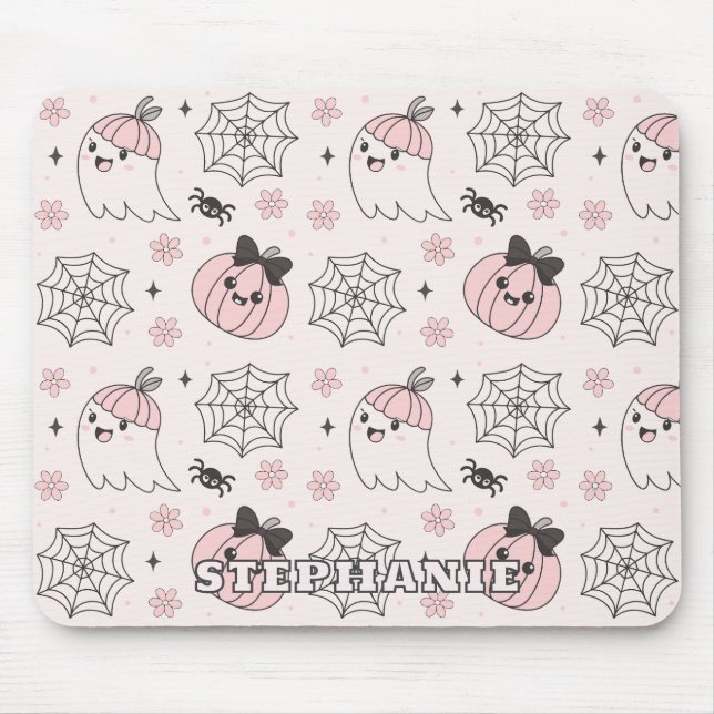 Kawaii Pink Halloween Pattern with Ghost, Pumpkin  Mouse Mat (Front)