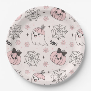 Kawaii Pink Halloween Pattern with Ghost, Pumpkin Paper Plate