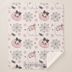 Kawaii Pink Halloween Pattern with Ghost, Pumpkin  Sherpa Blanket