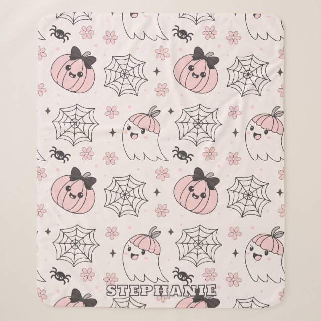 Kawaii Pink Halloween Pattern with Ghost, Pumpkin  Sherpa Blanket (Front)