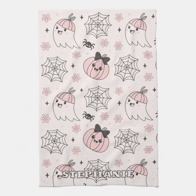Kawaii Pink Halloween Pattern with Ghost, Pumpkin  Tea Towel (Vertical)