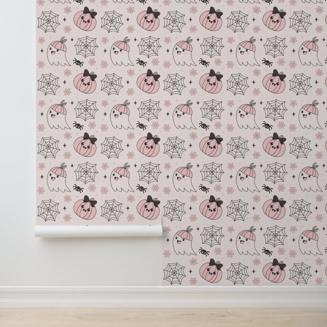 Kawaii Pink Halloween Pattern with Ghost, Pumpkin  Wallpaper (Application)