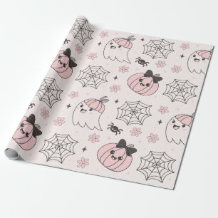 Kawaii Pink Halloween Pattern with Ghost, Pumpkin  Wrapping Paper