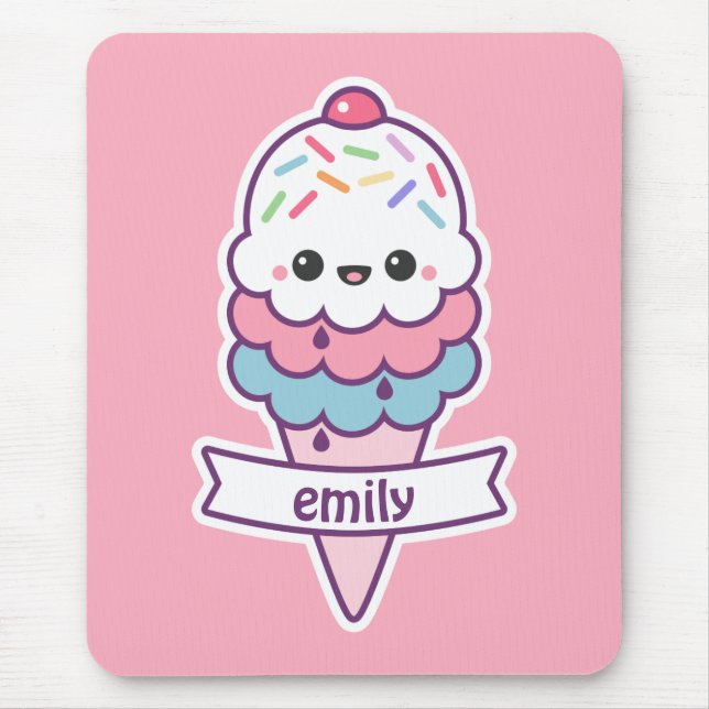 Kawaii Pink Ice Cream Cone Mouse Mat (Front)
