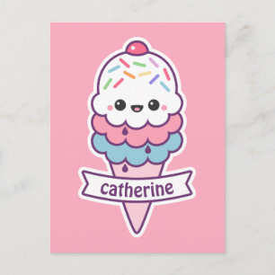 Kawaii Pink Ice Cream Cone Postcard