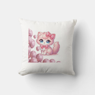 Kawaii Pink Kitten Pillow with Bows and Balloons –