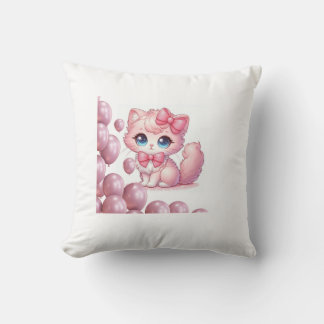 Kawaii Pink Kitten Pillow with Bows and Balloons –