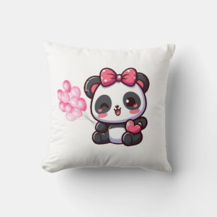 Kawaii Pink Kitten Pillow with Bows and Balloons –