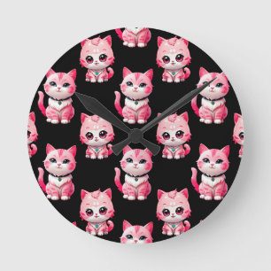 Kawaii Pink Kitty Cats Design Round Clock