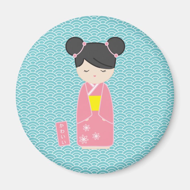 Kawaii Pink Kokeshi Magnet (Front)